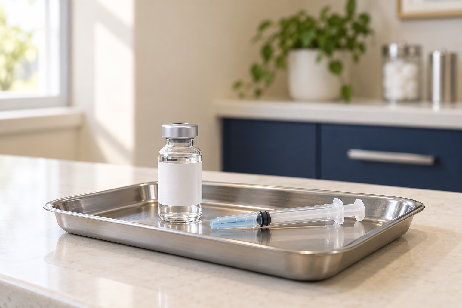 A sealed vaccine vial and capped syringe on a tray