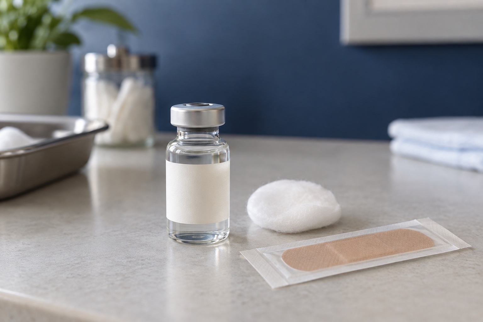 A sealed vial beside a cotton pad and adhesive bandage