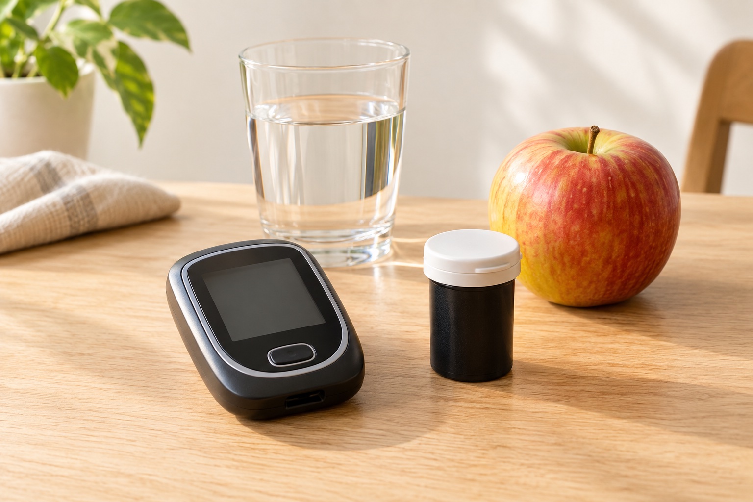 A glucose meter beside an apple and a glass of water