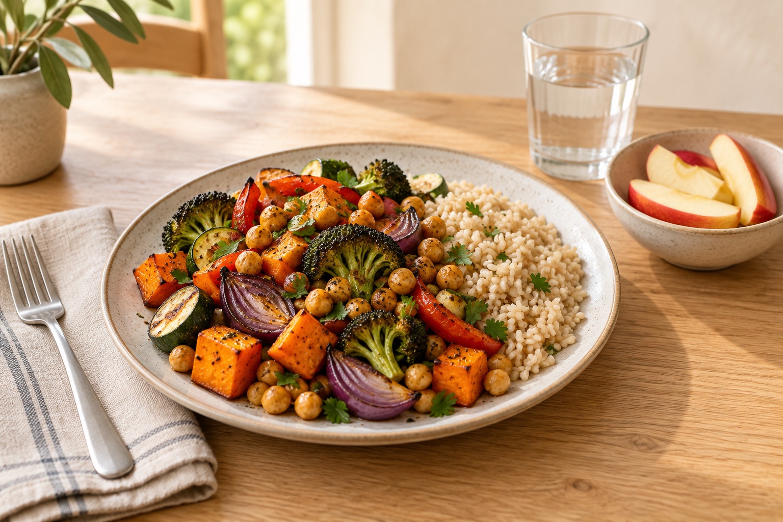 A plate of vegetables, chickpeas and rice with sliced apple