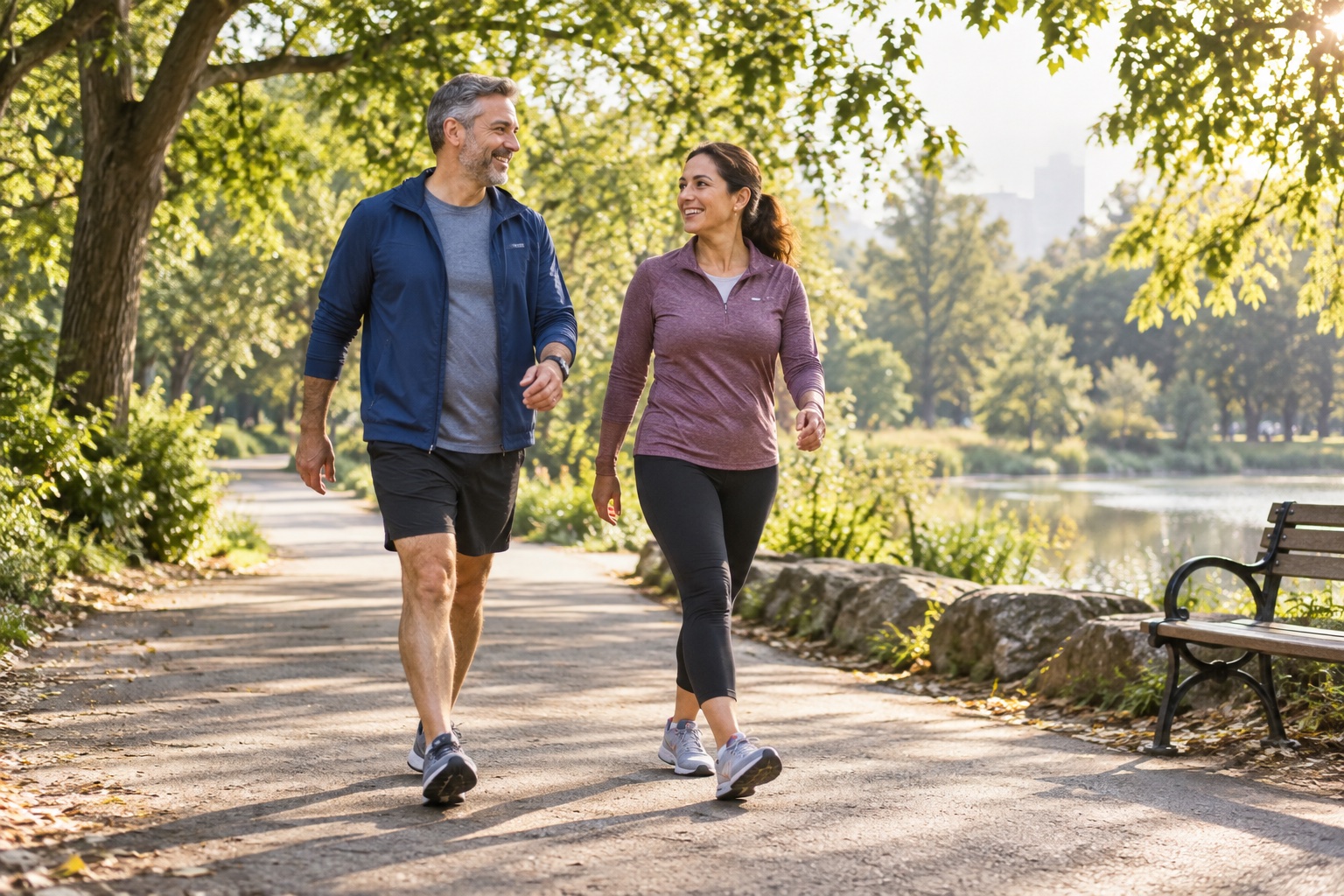 Two adults walking along a leafy park path