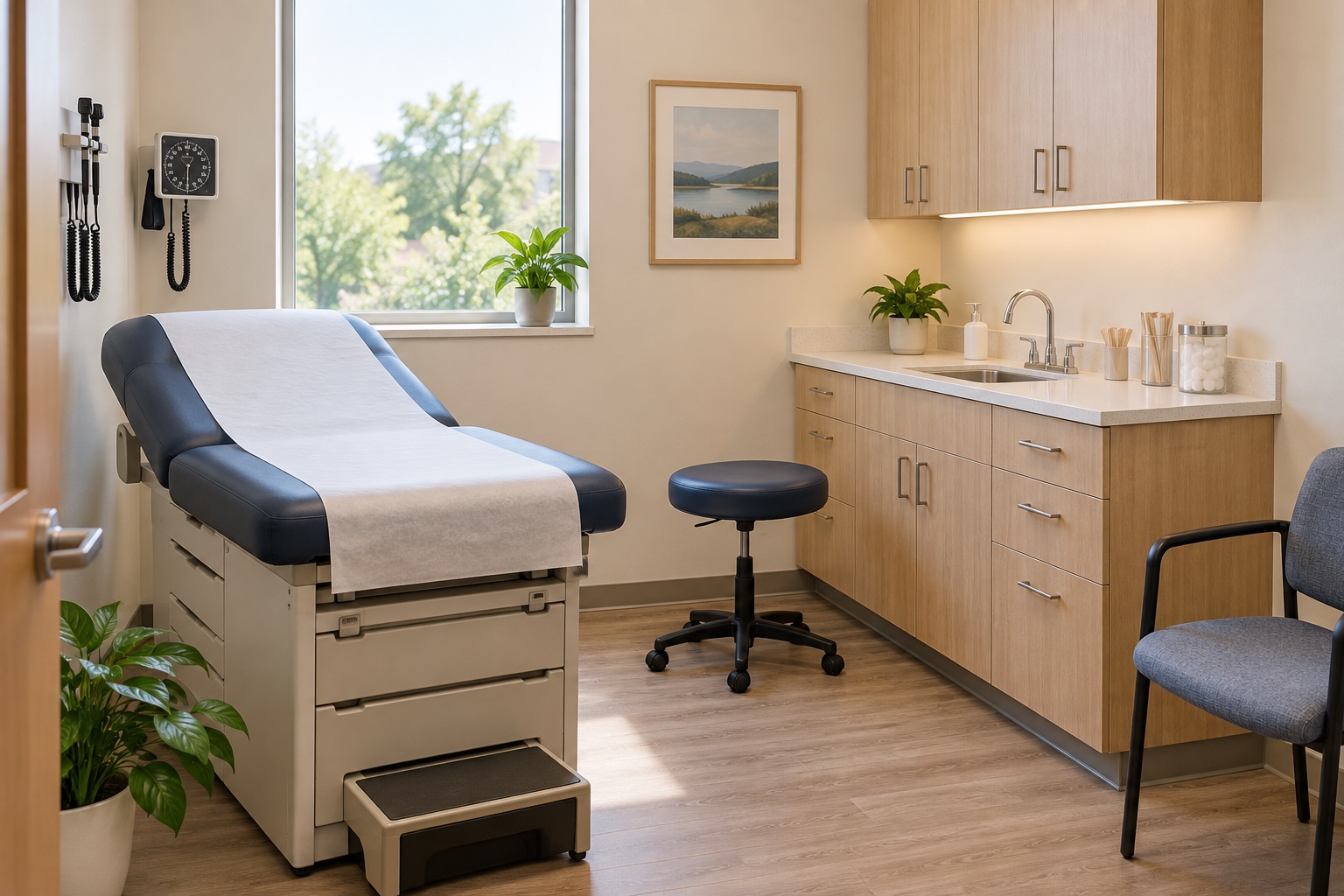 An illustrative exam room with navy seating and light wood cabinets