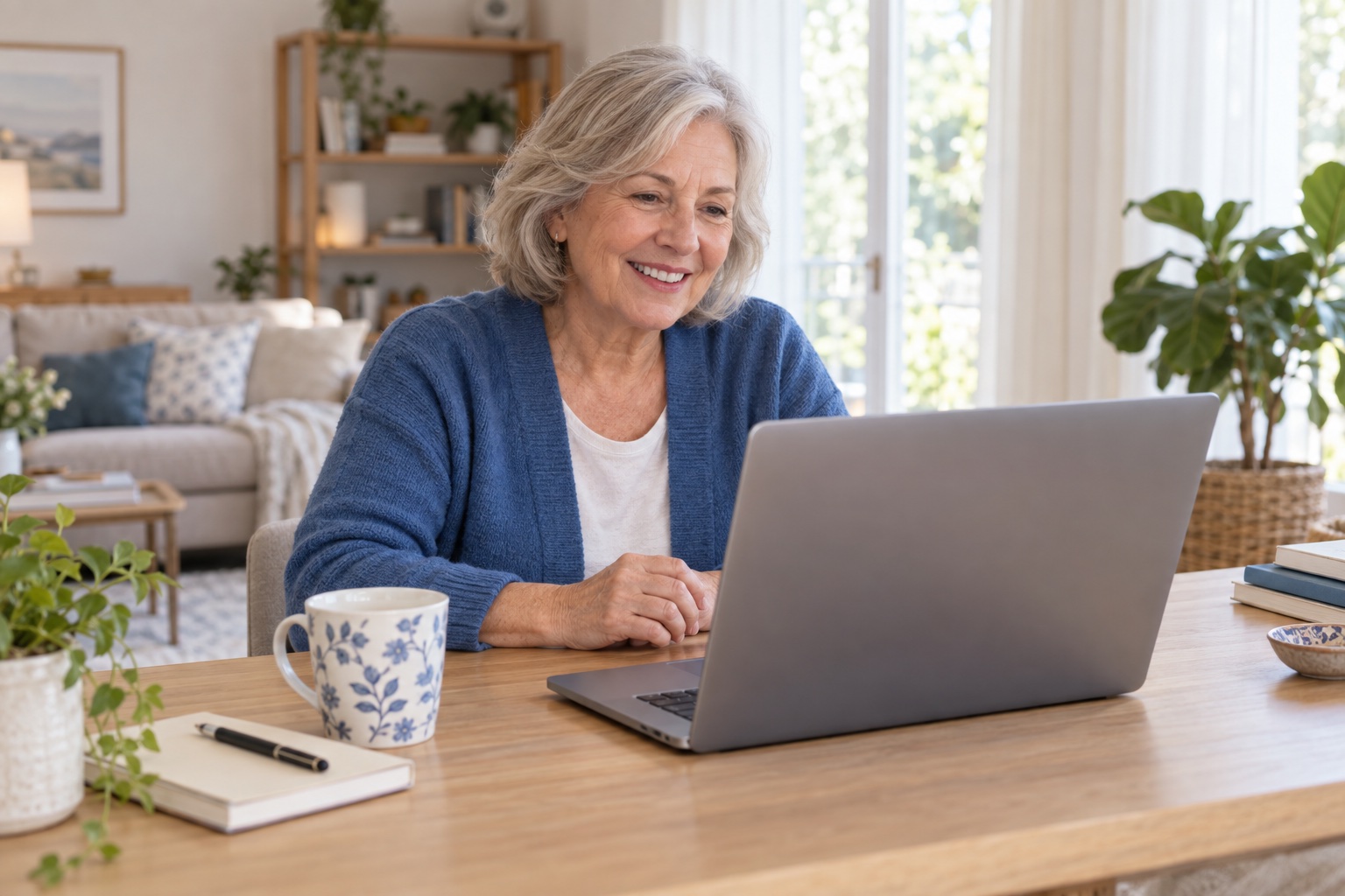 An older woman smiling toward a laptop at home