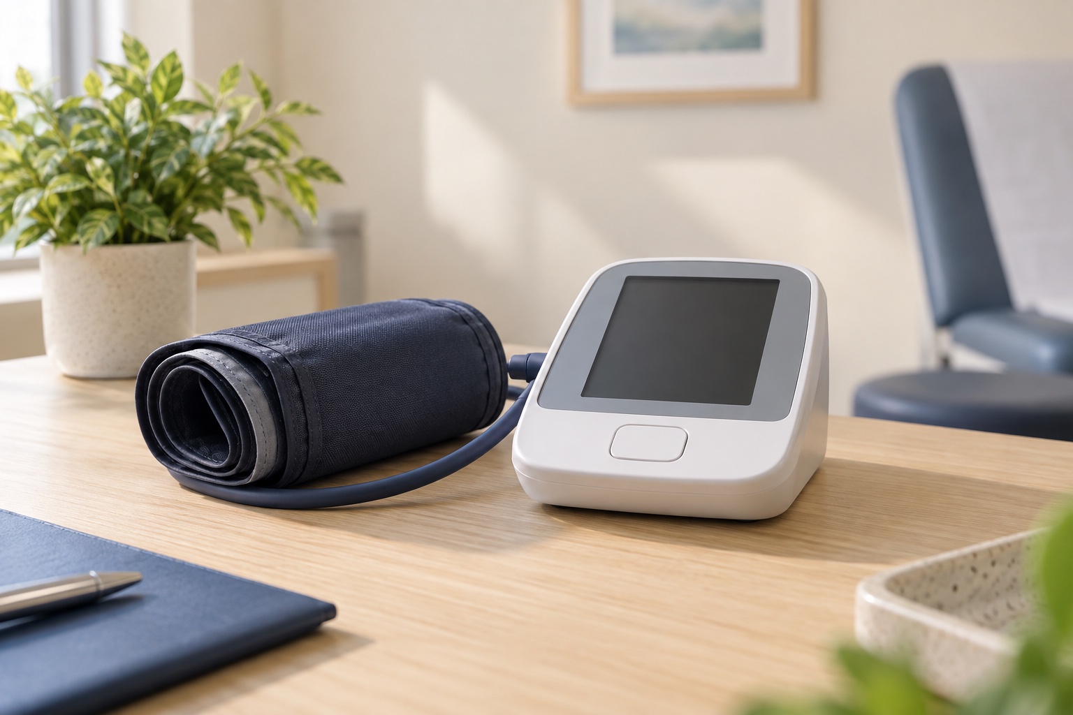 A digital blood pressure monitor and cuff on a clinic desk