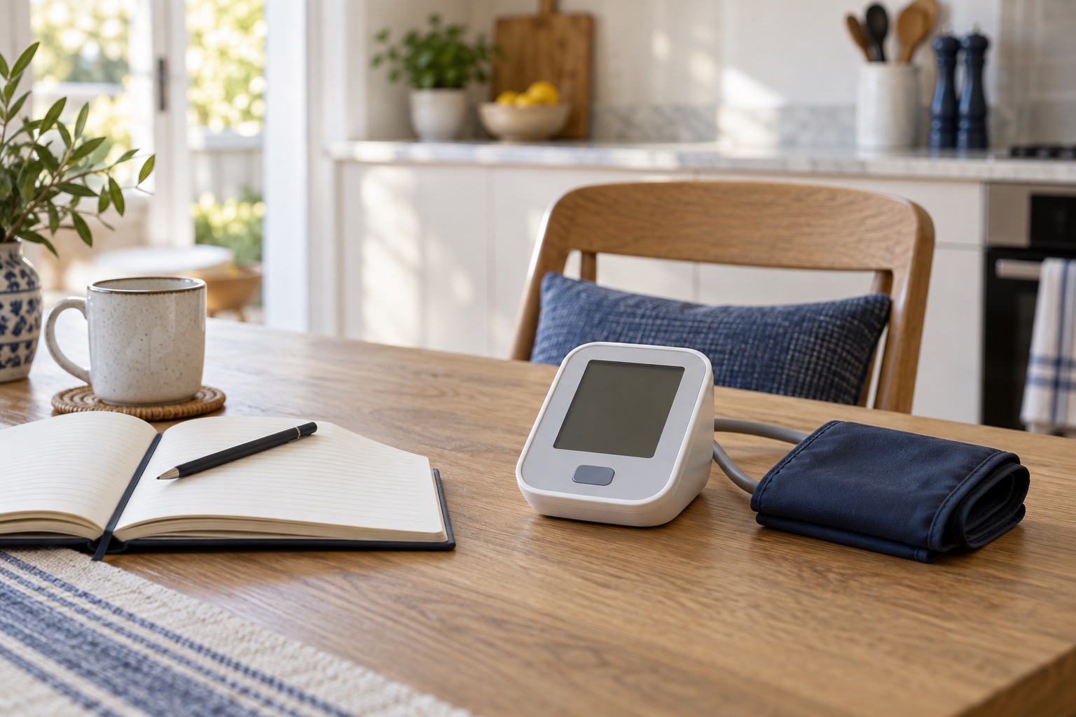 A home blood pressure monitor beside a notebook