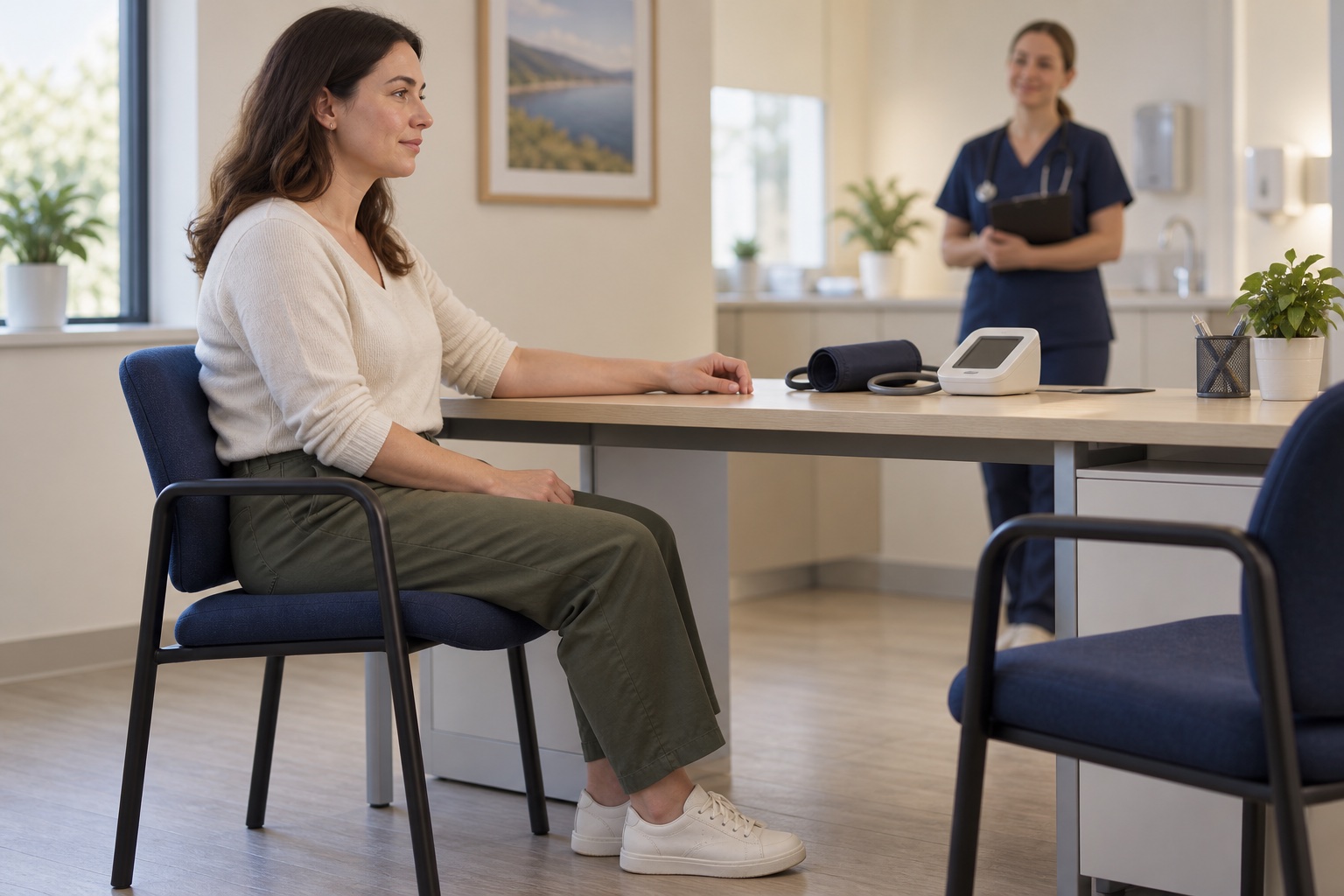 A woman seated quietly before a blood pressure measurement