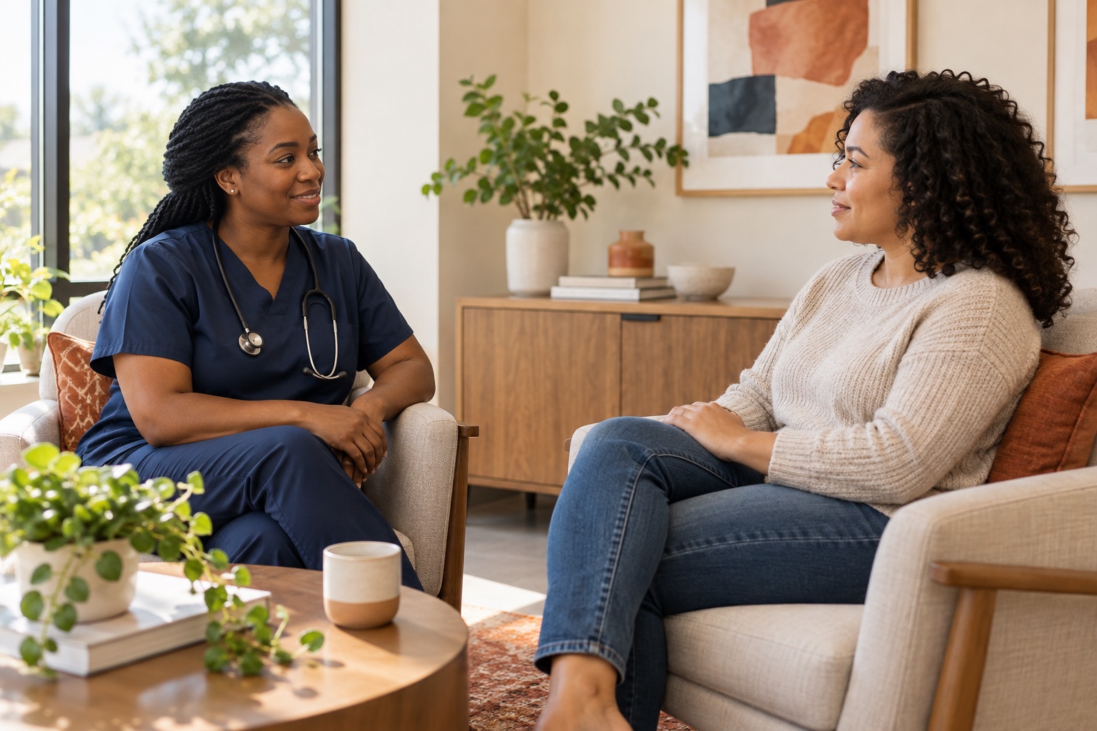 A clinician and an adult woman talking in a consultation room